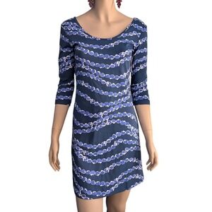 Mahi Gold Jersey Knit Dress Scoop Neck‎ 3/4 Sleeve Blue White Print XS